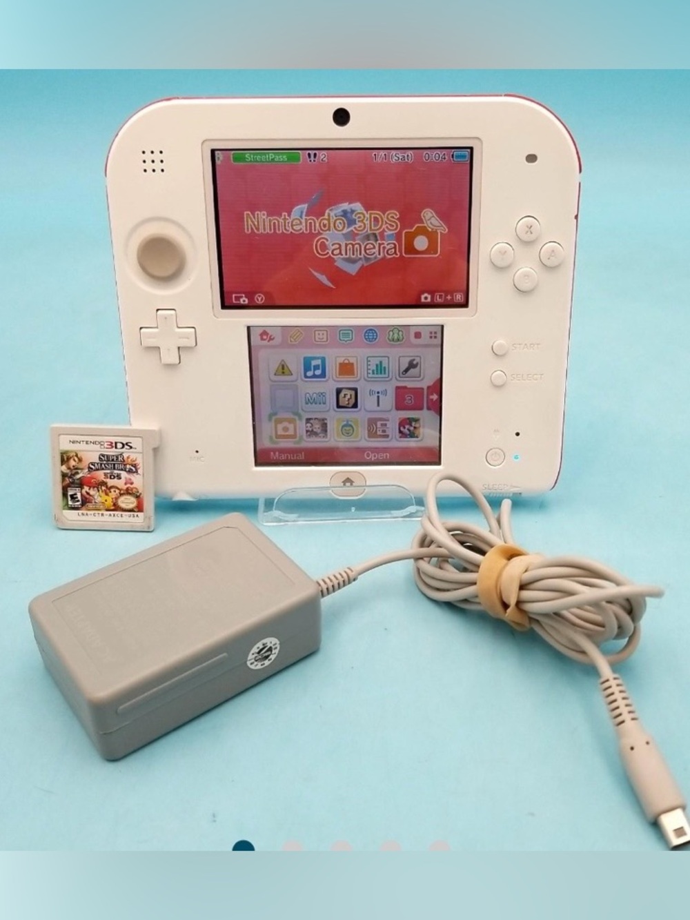 Nintendo 2DS White Handheld Console with Gray Charger and Game Card
